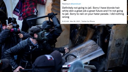 Trump supporters clash with police during the Capitol riot. Jenna Ryan's tweet overlaid.