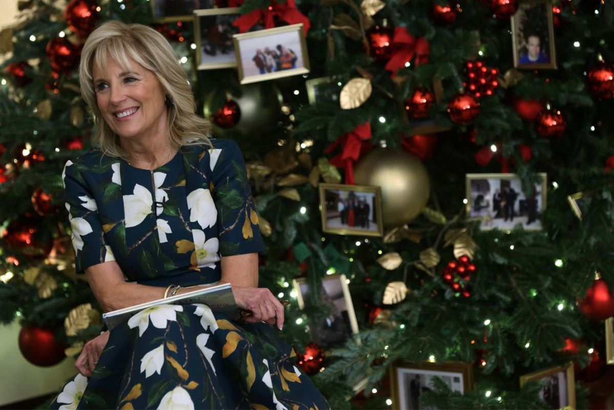 U.S. first lady Jill Biden smiles after she read her book Don’t Forget, God Bless our Troops to a second-grade class from Malcolm Elementary School in Waldorf, Maryland, in the State Dining Room of the White House November 29, 2021 in Washington, DC. First lady Jill Biden unveiled the 2021 White House holiday décor today with the theme “Gifts from the Heart”. A variety of interactive viewing experiences will be launched on digital platforms.