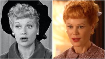 A black and white image of Lucille Ball in 'I Love Lucy' next to an image of Nicole Kidman in 'Being the Ricardos'