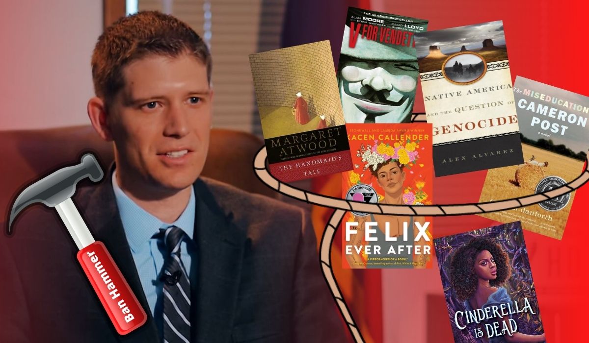 2015 image of State Rep Matt Krause next to a ban hammer (literally) and a lasso showing a few of the 850 titles "under investigation." Titles include Handmaidens Tale, V is For Vendetta, The Miseducation of Cameron Post, Felix Ever After, Cinderella is Dead, and Native Americans and the Question of Genocide. (Image: screencap from Texas Tribune, Top Png, and respective publishers of the books.)