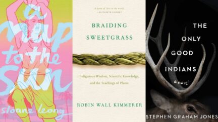 Books featured on the Native American booklist for Nov 2021. (Image: First Second, Milkweed Editions, and Gallery/ Saga Press.)