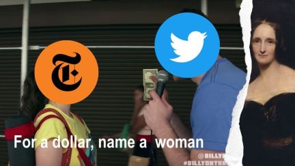 NYT Times Books logo over a woman's face as Billy Eichner (covered by a Twitter logo) asks her to name a woman. Behind his is a ripped page with Mary Shelley peeking through and smiling. Image inspired by one of the embedded tweets. (Image: NYT Books, Twitter, Comedy Central, and Alyssa Shotwell.)