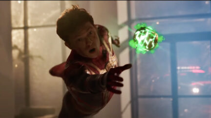 Peter Parker reaching for the pumpkin bomb in the Spider-Man No Way Home trailer