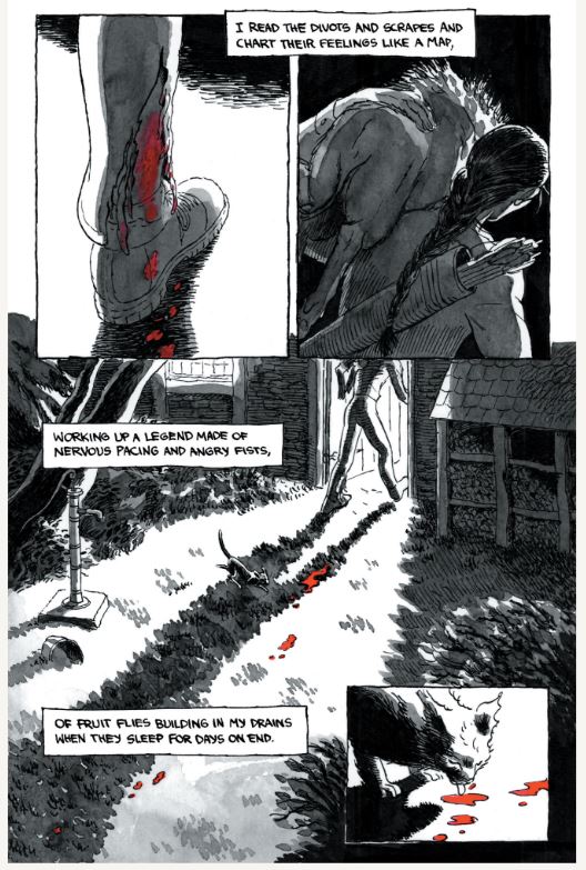 Hunter dragging corpse from GRAVENEYE graphic novel by Sloane Leong and illustrated by Anna Bowles. (Image: Anne Bowles, TKO .)
