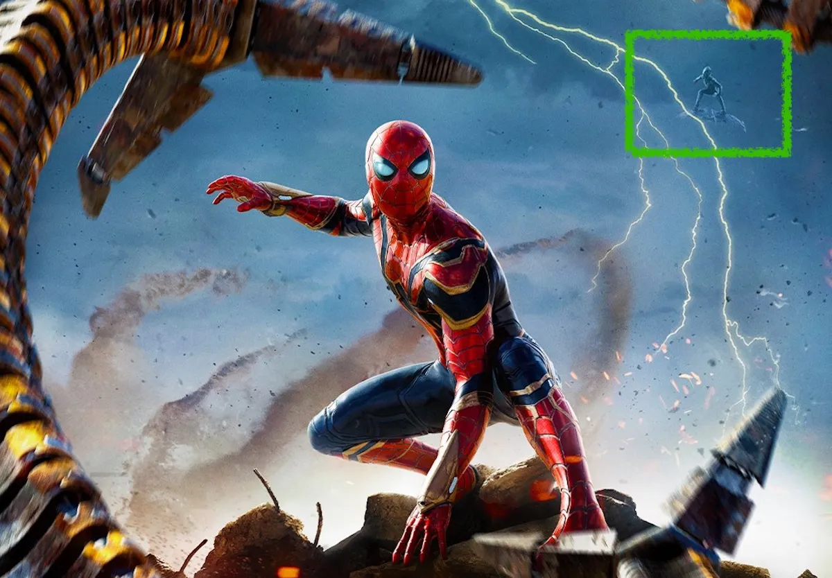 A green box surrounds the presence of Green Goblin on the new Spider-Man: No Way Home poster