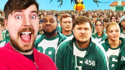 YouTuber MrBeast poses in front of a crowd of people dressed in green jumpsuits like characters from Squid Game