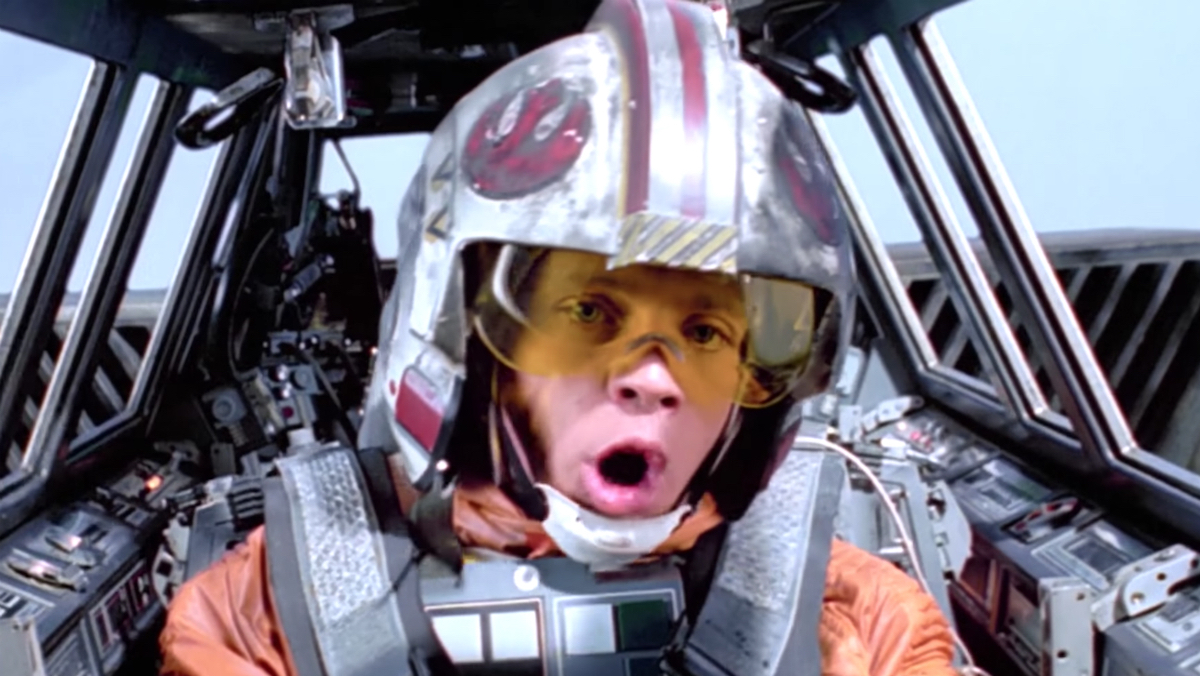 Mark Hamill looks surprised as Luke Skywalker in the cockpit fighting The Battle of Hoth in 'The Empire Strikes Back'
