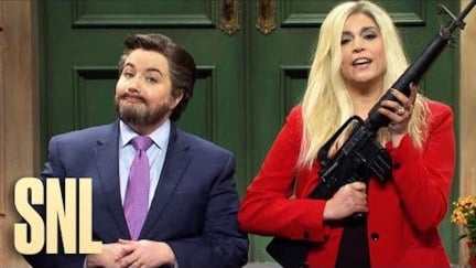 Aidy Bryant as Ted Cruz and Cecily Strong as Majorie Taylor Greene on Saturday Night Live