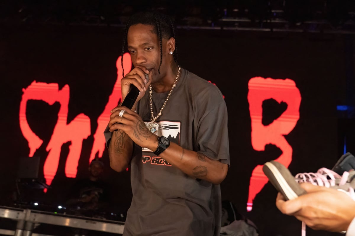 Travis Scott performs onstage during the Bootsy Bellows x Sports Illustrated Circuit Series After Party at Austin American Statesman in Austin, Texas on October 23, 2021. (Photo by SUZANNE CORDEIRO / AFP) (Photo by SUZANNE CORDEIRO/AFP via Getty Images)