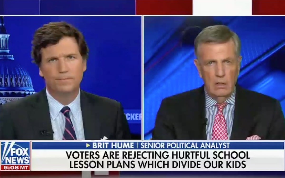 Tucker Carlson in a split screen with Brit Hume on Fox News