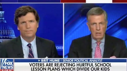 Tucker Carlson in a split screen with Brit Hume on Fox News