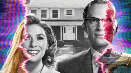 Promotional image for Marvel Studios' WandaVision showing a black-and-white Wanda and Vision split by modern colors