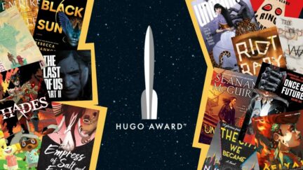 Collage of SOME of the many Hugo 2021 nominees across different categories. With Hugo Award Log in center. (Image: