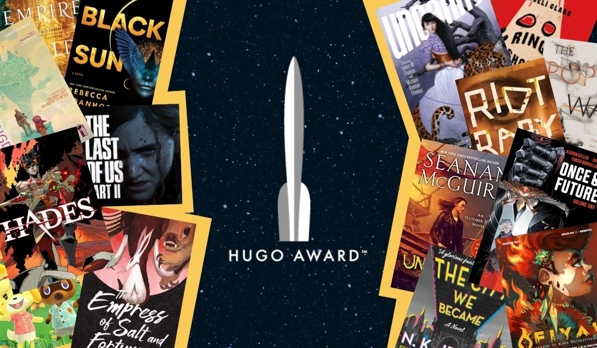 Collage of SOME of the many Hugo 2021 nominees across different categories. With Hugo Award Log in center. (Image: 