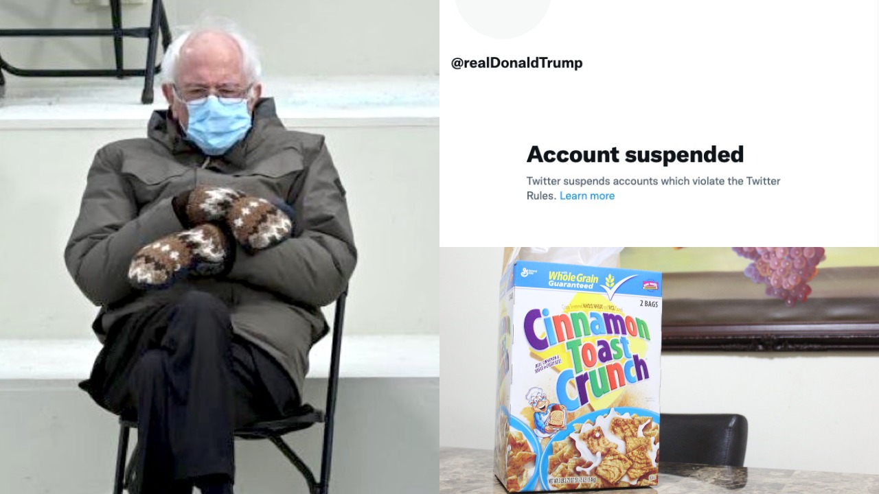 A collection of images: Bernie Sanders at the inauguration, a screenshot of Donald Trump's suspended Twitter account, a box of cinnamon toast crunch