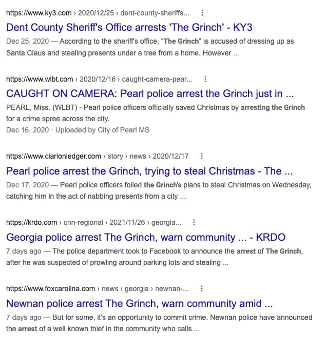A list of Google search results showing articles from multiple years about olice departments pretending to arrest the Grinch.