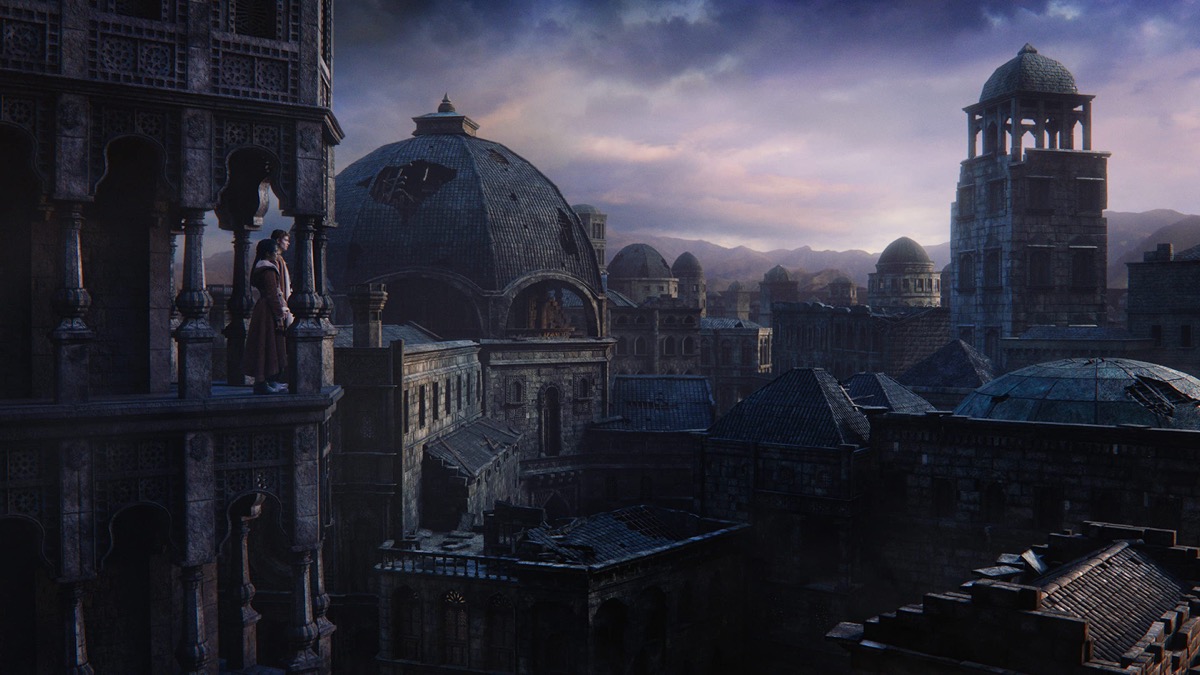 Still of a city from Amazon's Wheel of Time.