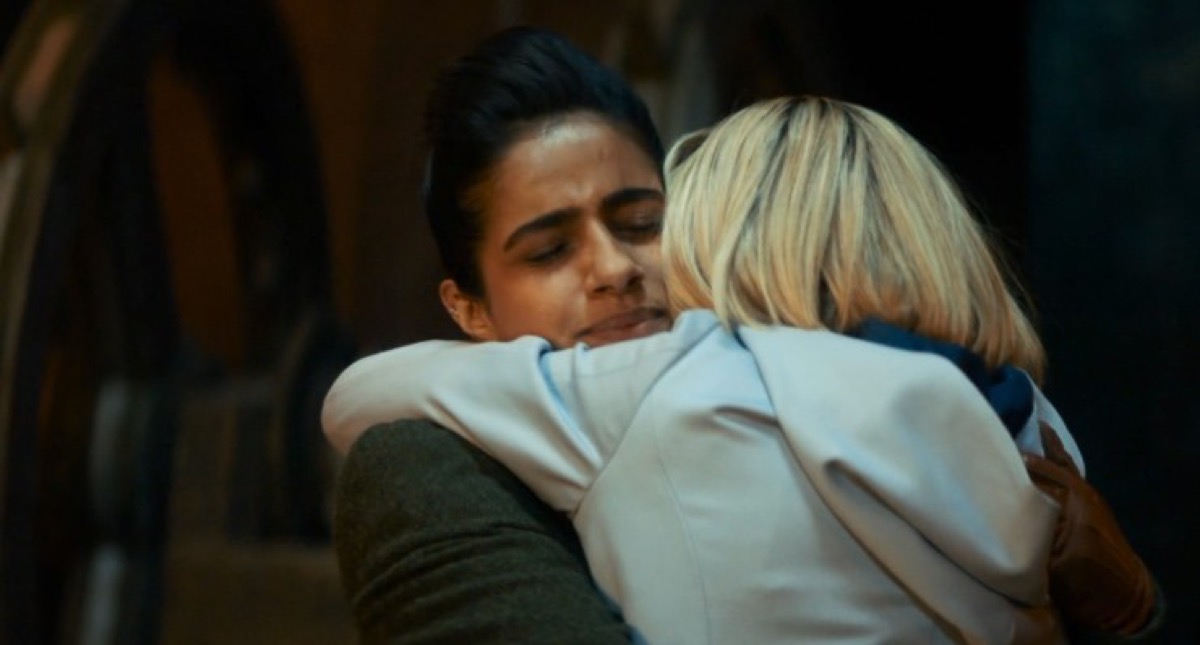 Jodie Whittaker's Thirteenth Doctor and companion Yaz hug on BBC's Doctor Who.