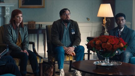 The cast of Don't Look Up talking to the president