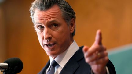 California Gov. Gavin Newsom speaks to union workers and volunteers on election day at the IBEW Local 6 union hall on September 14, 2021 in San Francisco, California.
