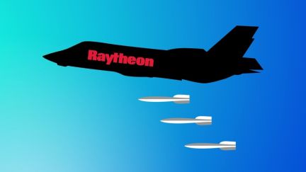 Jet with Raytheon logo dropping bombs in the shape of Hugo awards. (Image: Raytheon, Hugo Awards, and Alyssa Shotwell.)