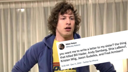 Andy Samberg looking shocked with a new meme on him