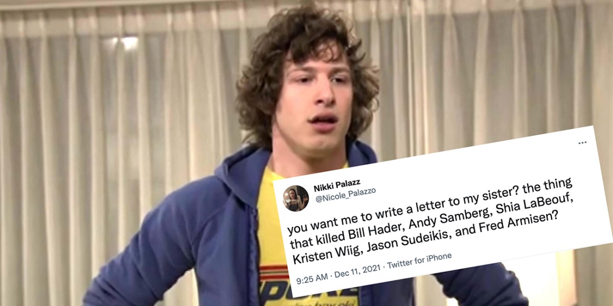 Andy Samberg looking shocked with a new meme on him