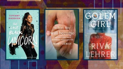 Three books with Hanukkahpattern behind. (Image: Gallery Books, Mariner Books, One World, and Chenspec via Pixabay.) https://pixabay.com/illustrations/star-of-david-candles-polka-dots-5952091/