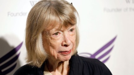 a close up of Joan Didion in her 70s