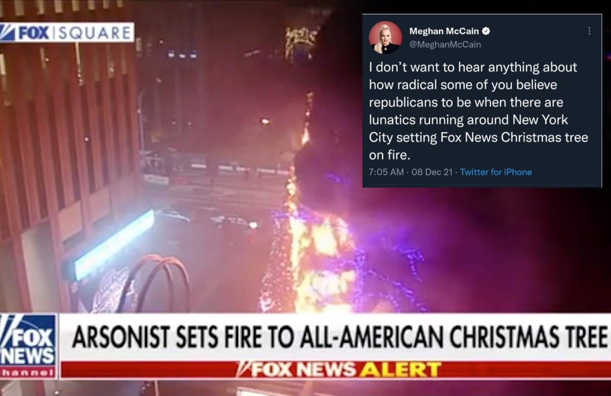 A shot from Fox News' coverage of the engulfed Christmas tree, with a tweet form Meghan McCain overlaid