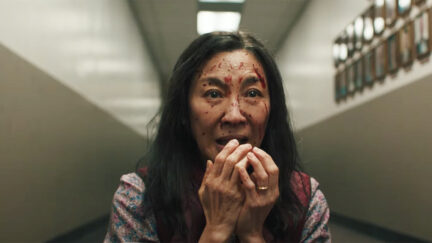 Michelle Yeoh crying with blood on her face in Everything Everywhere All At Once
