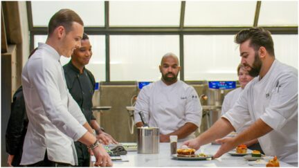 (L to R) Chef Amaury Guichon, Devin, Cedrick, Amanda, Thiago on 'School of Chocolate'