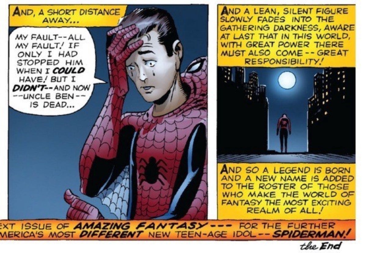 Spider-Man great power great responsibility panel from the comics.
