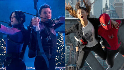Clint and Kate with their arrows and peter and mj falling