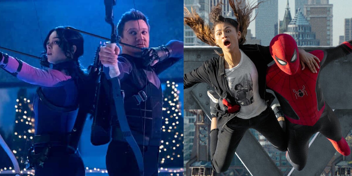 Clint and Kate with their arrows and peter and mj falling