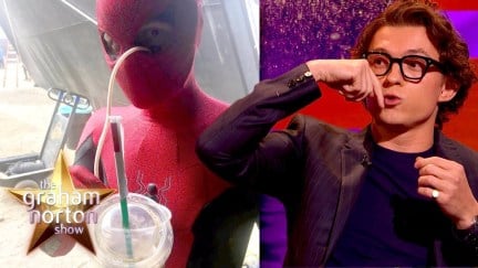 Tom Holland explaining his coffee drinking tube in the Spider-Man suit that goes in through the eye hole, next to a picture of it.