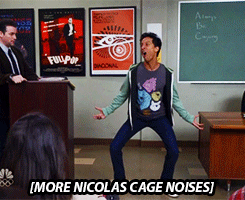 Abed pretending to be Nic Cage in Community