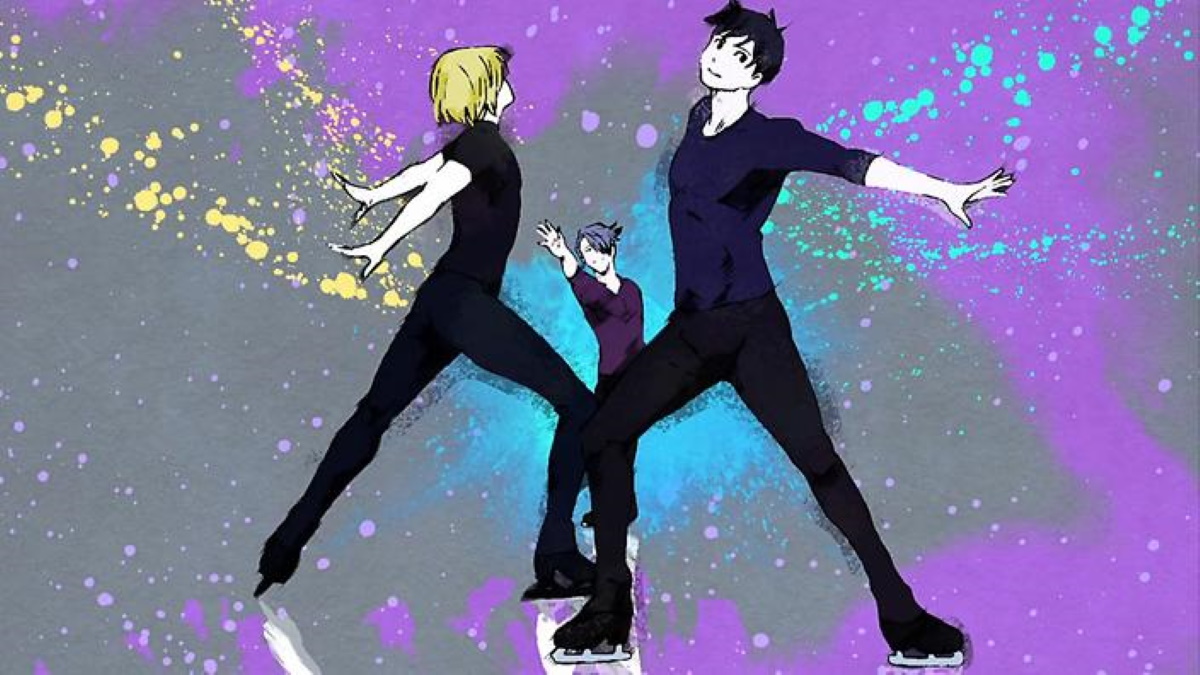 Yuri K, Victor, and Yuri P skating in 'Yuri!!! on Ice'