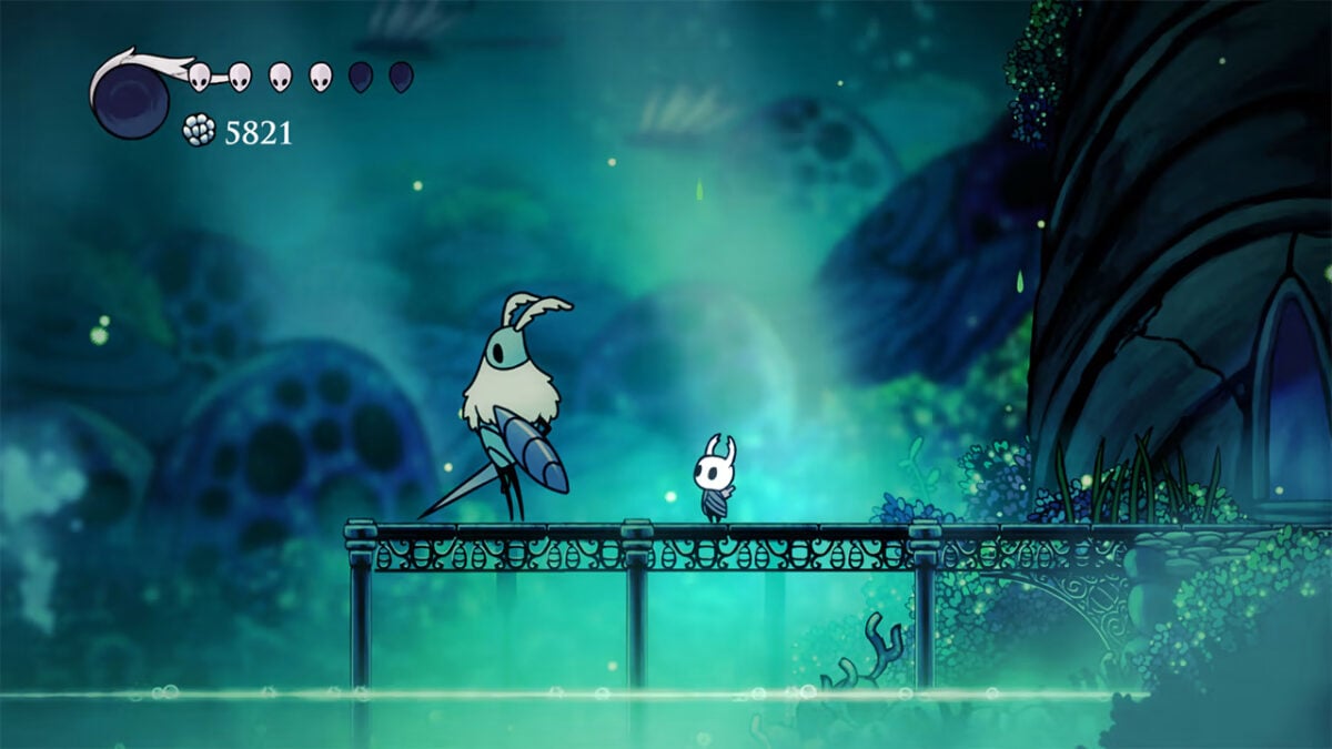 The Knight meets a new NPC in Hollow Knight.