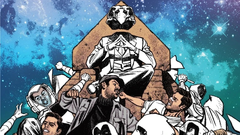 Various aspects of Moon Knight's identity fight over each other as Khonshu watches. Image via Marvel.