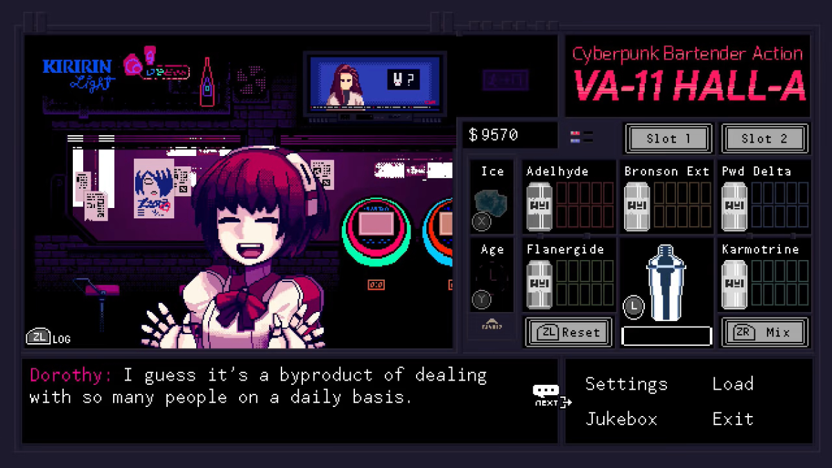 The player chats with Dorothy in VA-11 Hall-A.