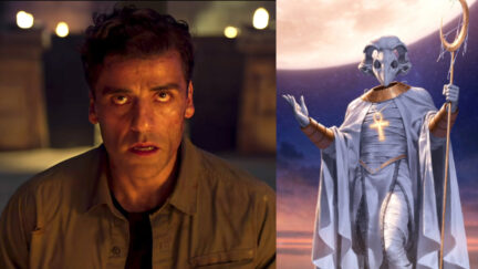 Marc Spector stares wide-eyed in Disney+'s Moon Knight alongside Khonshu's depiction in the Marvel comics.