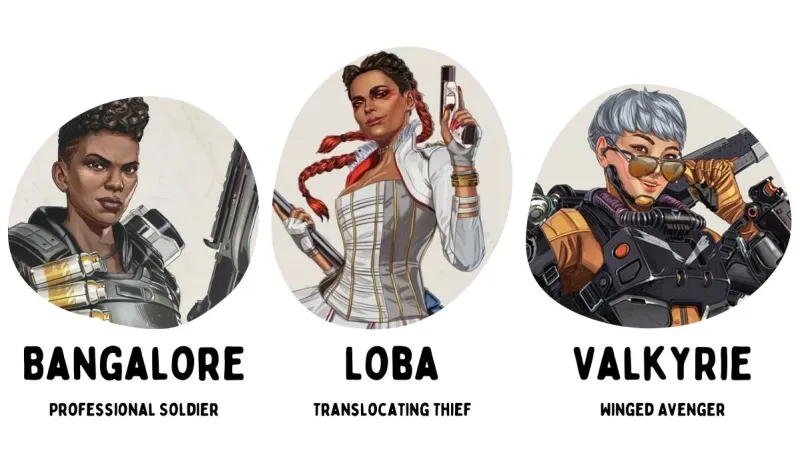 Bangalore, Loba, and Valkyrie from Apex Legends. (Image: Respawn Entertainment.)
