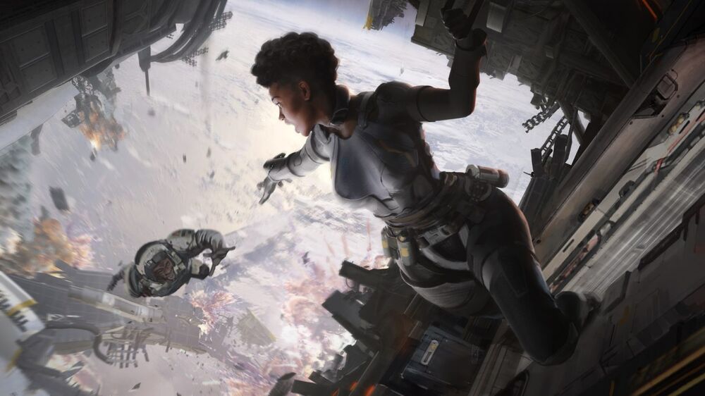 Bangalore holding unto a destroyed ship and reaching for a person. Bangalore concept art. (Image: Respawn Entertainment.)