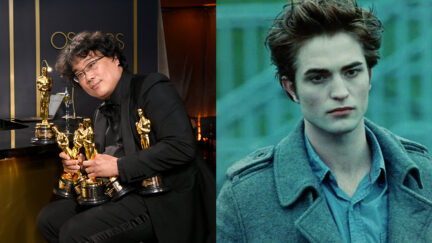 Bong Joon-Ho with all his Oscars and Robert Pattinson as Edward Cullen