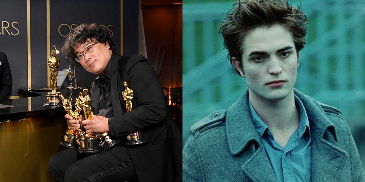 Bong Joon-Ho with all his Oscars and Robert Pattinson as Edward Cullen