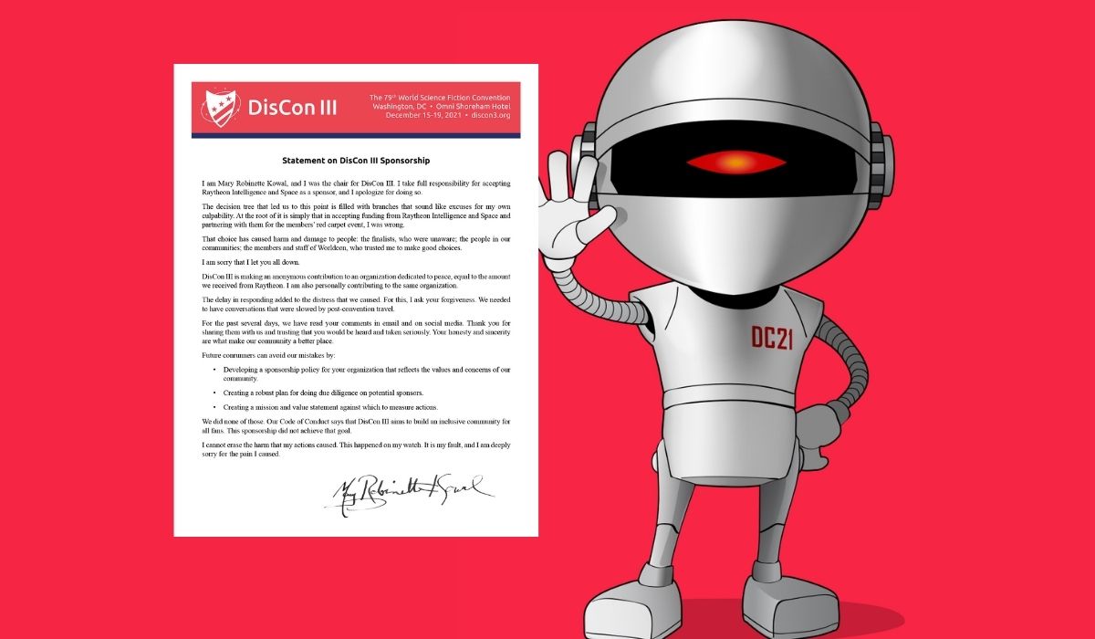 DisCon III robot holding chair Mary Robinette Kowal's open letter addressing the controversy and apologizing for accepting Raytheon as a sponsor. (Image: DisCon III and Alyssa Shotwell.)