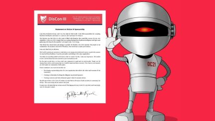 DisCon III robot holding chair Mary Robinette Kowal's open letter addressing the controversy and apologizing for accepting Raytheon as a sponsor. (Image: DisCon III and Alyssa Shotwell.)