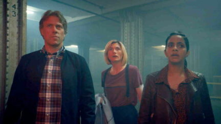 The Doctor, Dan, and Yaz in a storage facility in Doctor Who