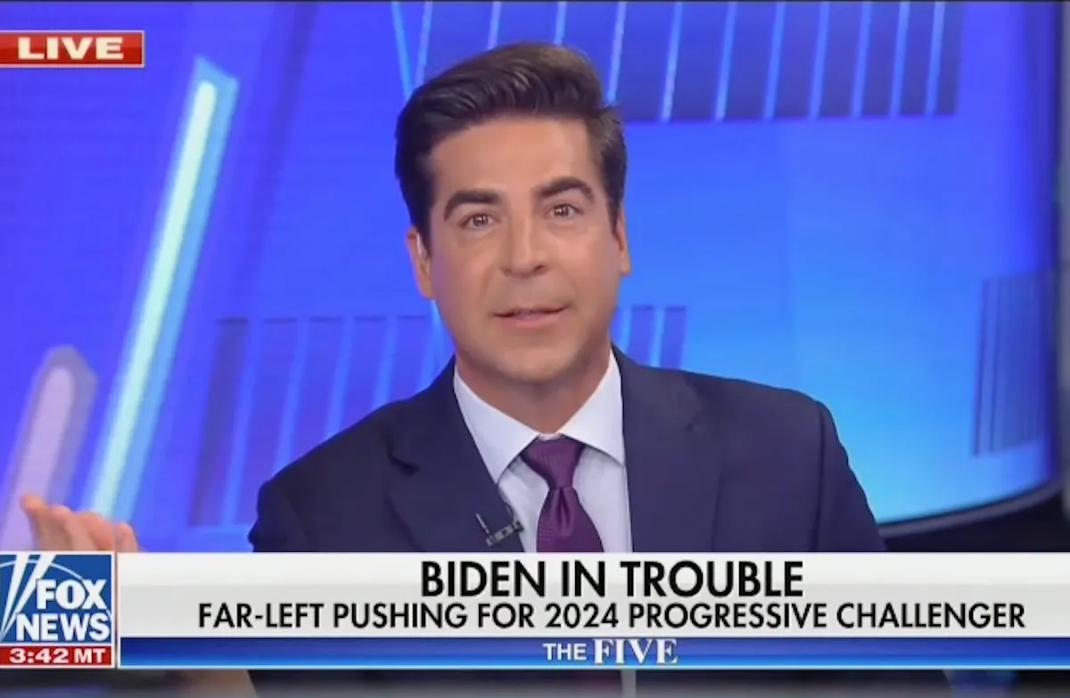 Jesse Watters during a segment on a Fox News show above a chyron reading "Biden in trouble"